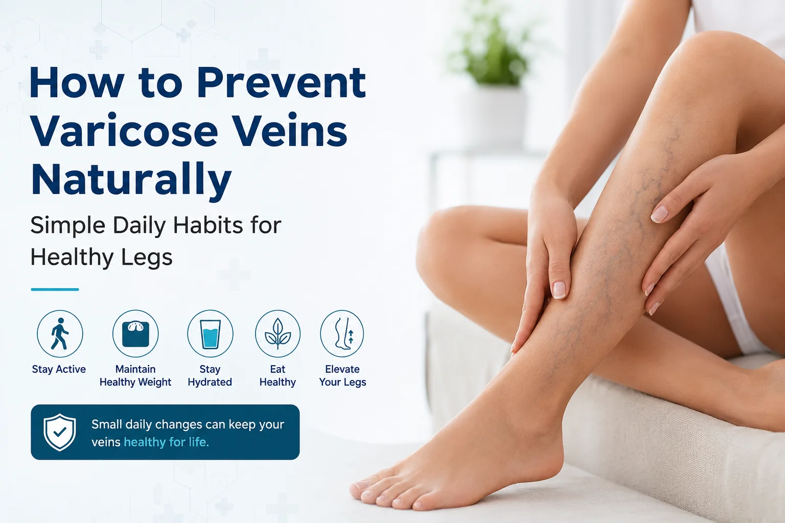 Doctor explaining natural prevention methods for varicose veins with healthy leg circulation illustration